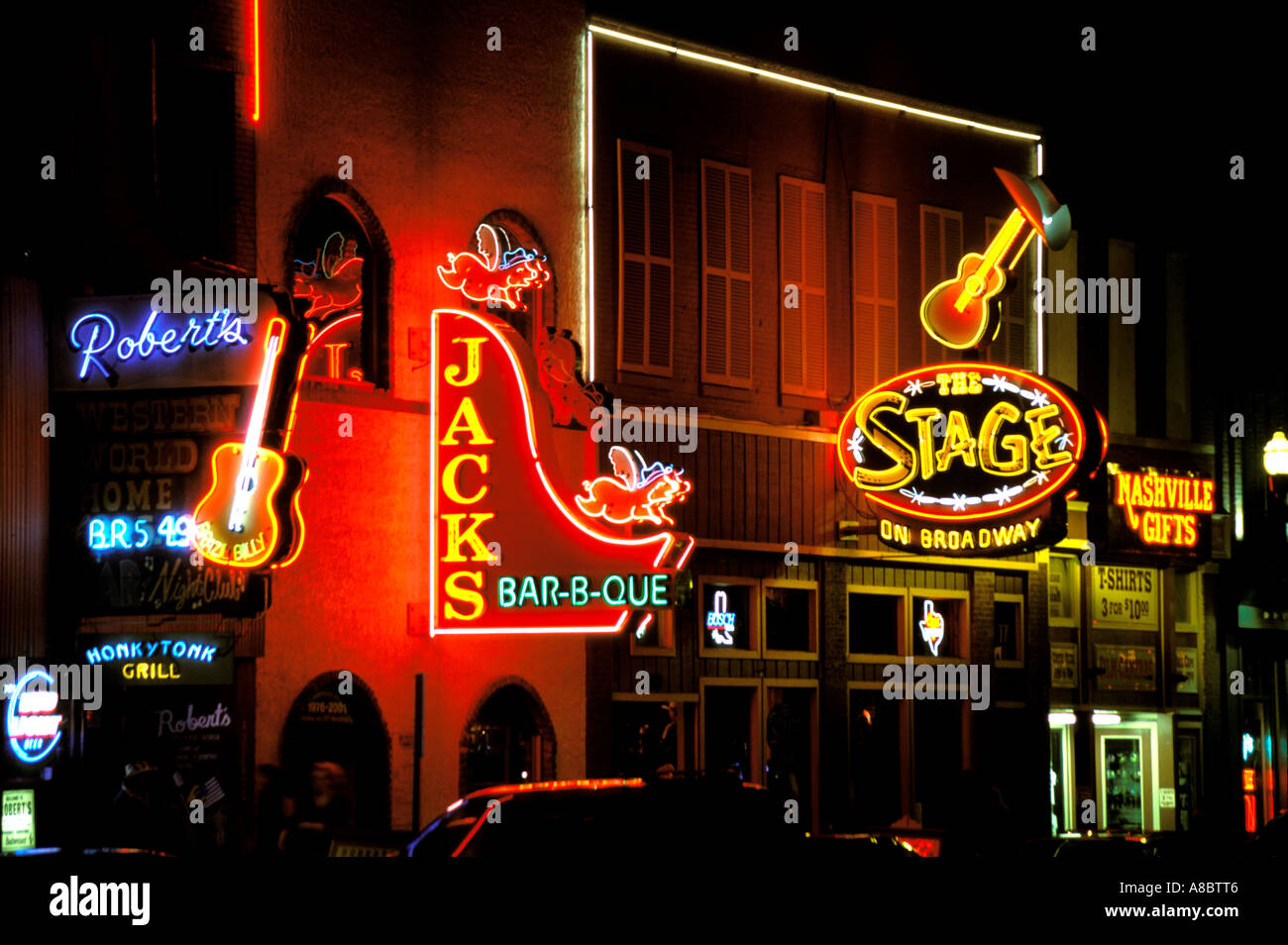 Tennessee Nashville music district at night Stock Photo