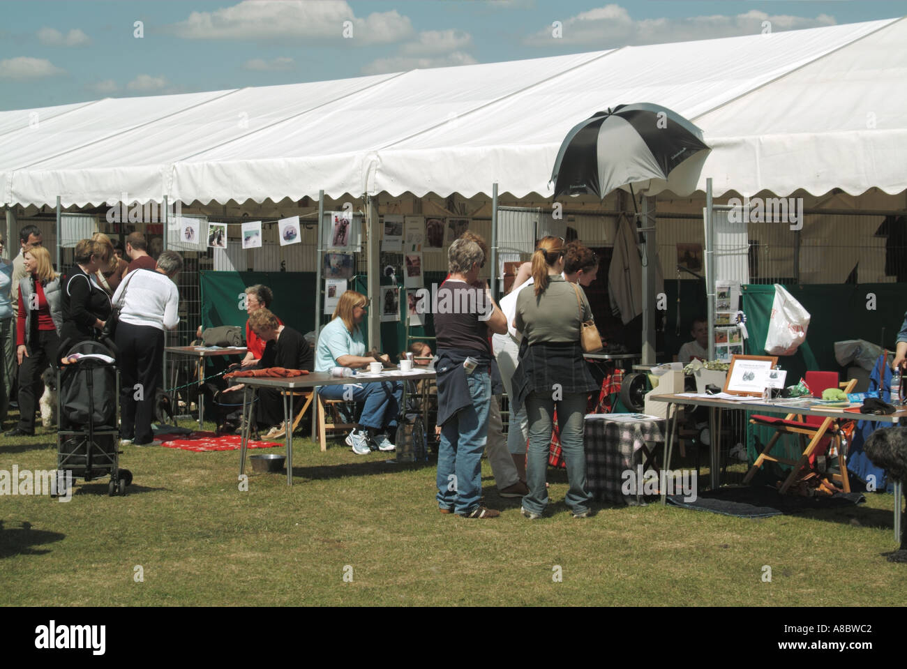 England dog show event traders stalls under canvas with punters milling around Stock Photo