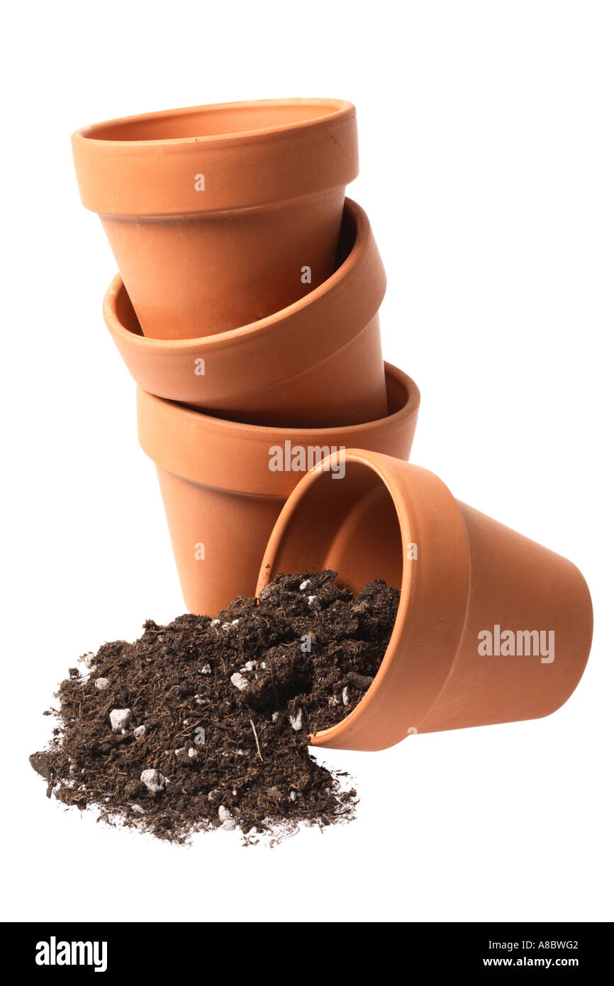 Terra Cotta pots with potting soil Stock Photo