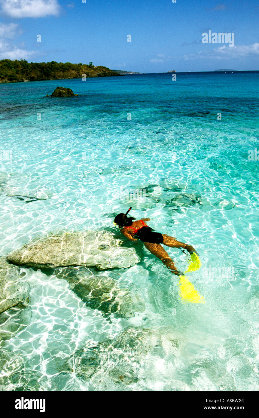 US Virgin Islands St John Trunk Bay Beach snorkeling snorkeler Stock