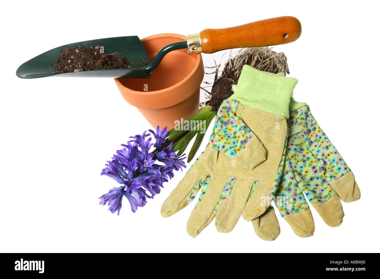 Gardening gloves and tools Stock Photo