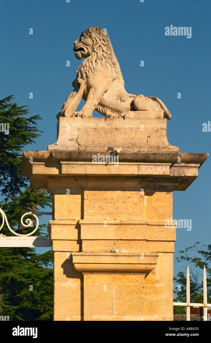 The entrance gate to Chateau Beychevelle in Saint Julien. Lion statue