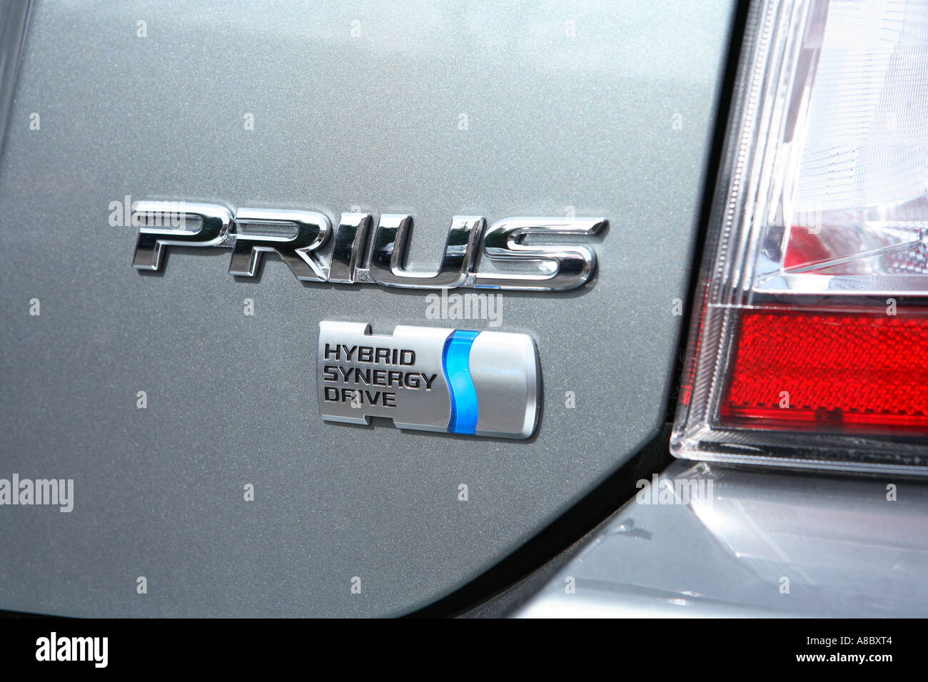 Rear badge on a 2005 Toyota Prius Hybrid car Stock Photo