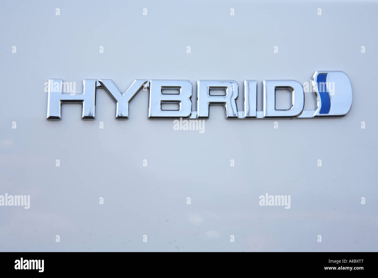 Hybrid badge on a 2005 Toyota Prius Stock Photo