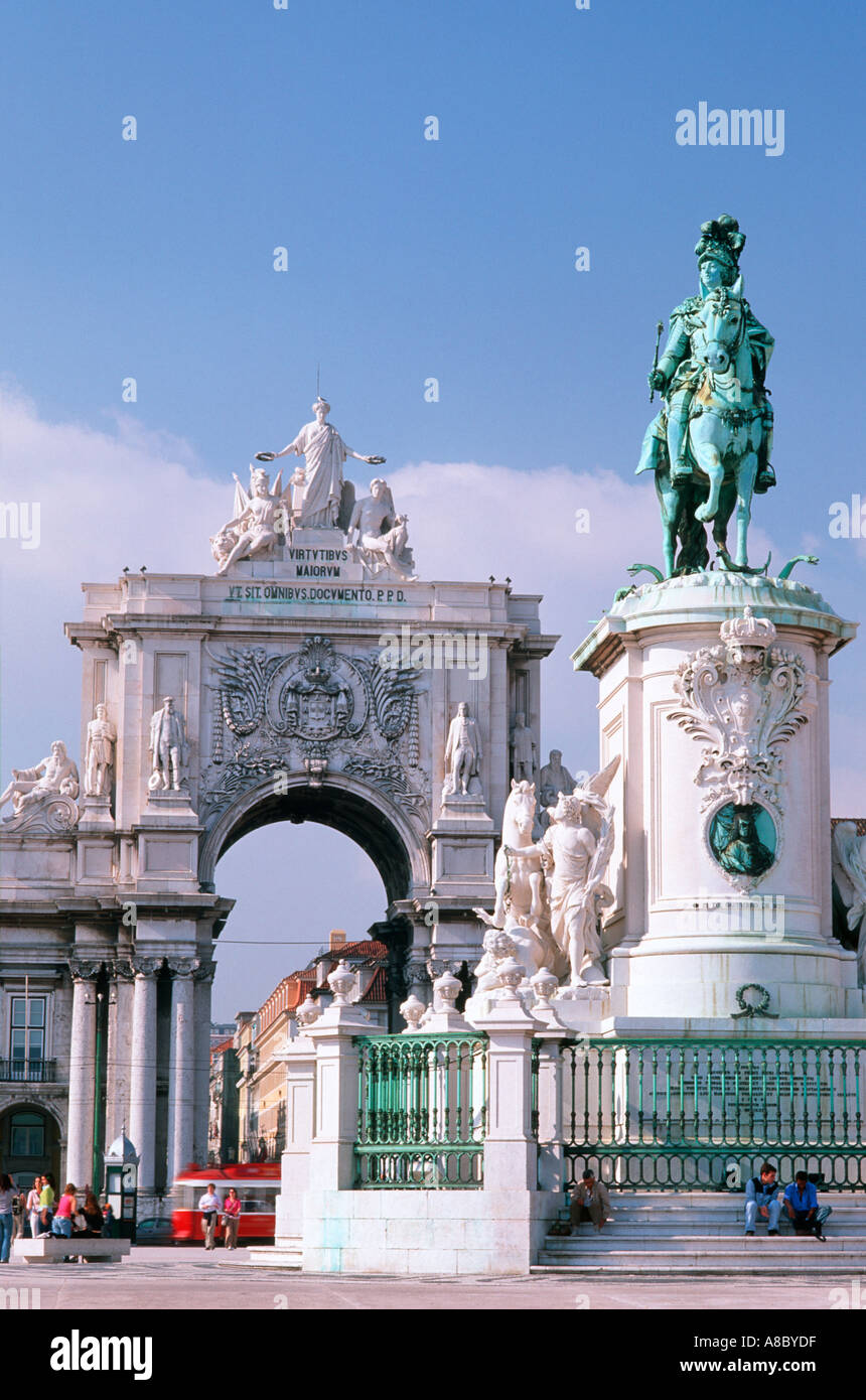 Statue of Don Jose I and Triumph Arch, Comercial Square, Lisbon, Portugal Europe Stock Photo
