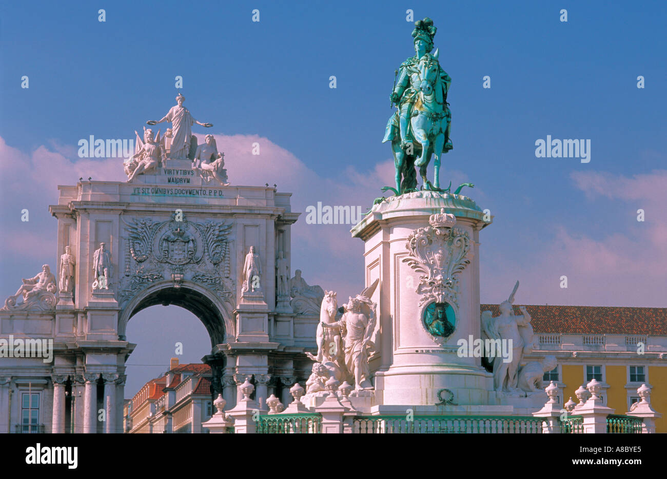 Statue of Don Jose I and Triumph Arch Comercial Square Lisbon Portugal Europe Stock Photo