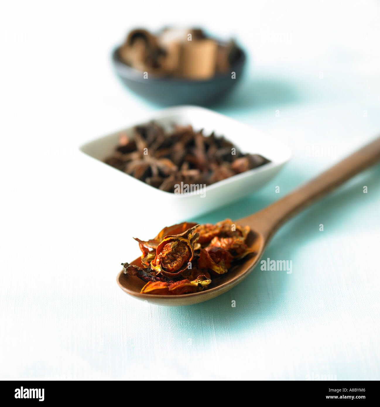 Chinese medicine Oriental medicine on the spoon gardenia seeds cinnamon bark Stock Photo