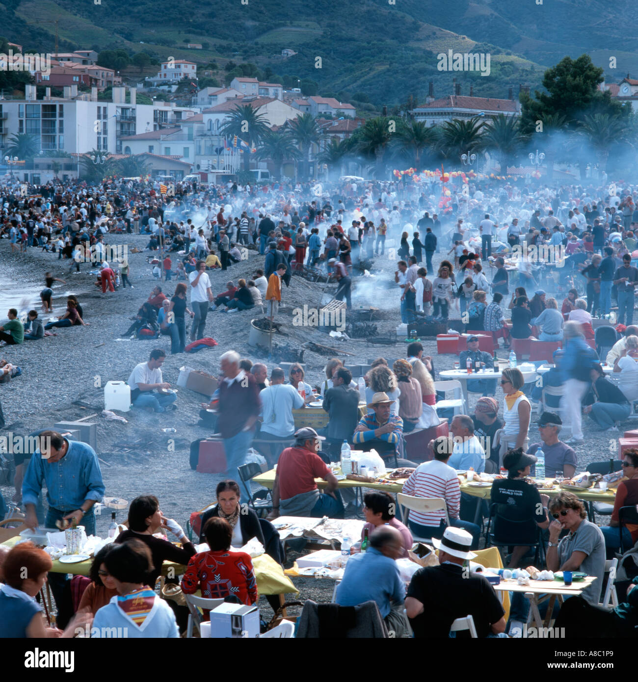 Barbecue on beach at Fete des Vendanges Banyuls-sur-Mer Pyrenees-Orientals Languedoc-Roussillion France Stock Photo