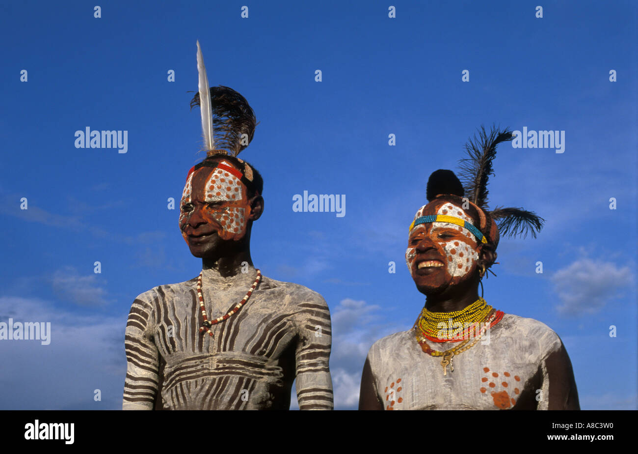 Karo people are known for elaborate body painting , Kolcho , South Omo valley , Ethiopia Stock Photo