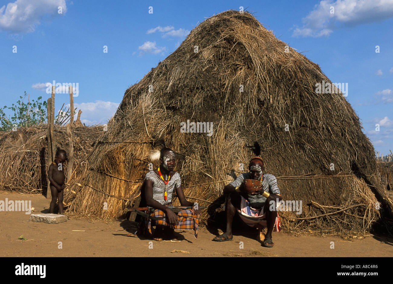 Karo men with body decorations , Kolcho , South Omo valley , Ethiopia Stock Photo