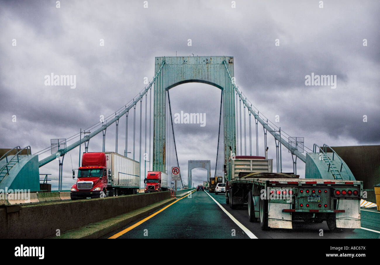 Throgs Neck Bridge in NYC New York driving in lane with car truck and vehicle traffic Stock Photo