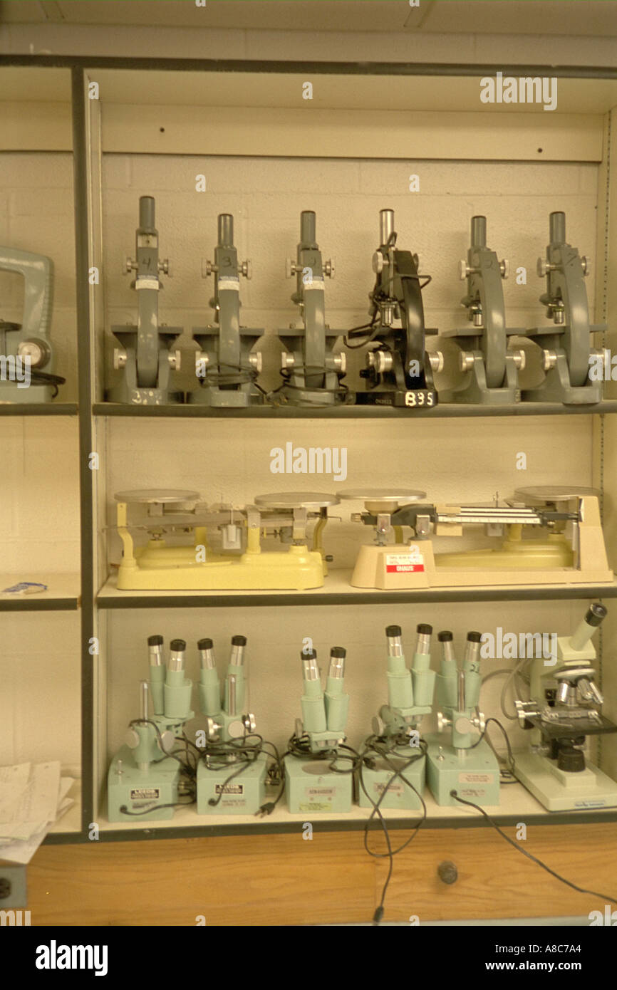 Science school classroom of microscopes and scales. Golden