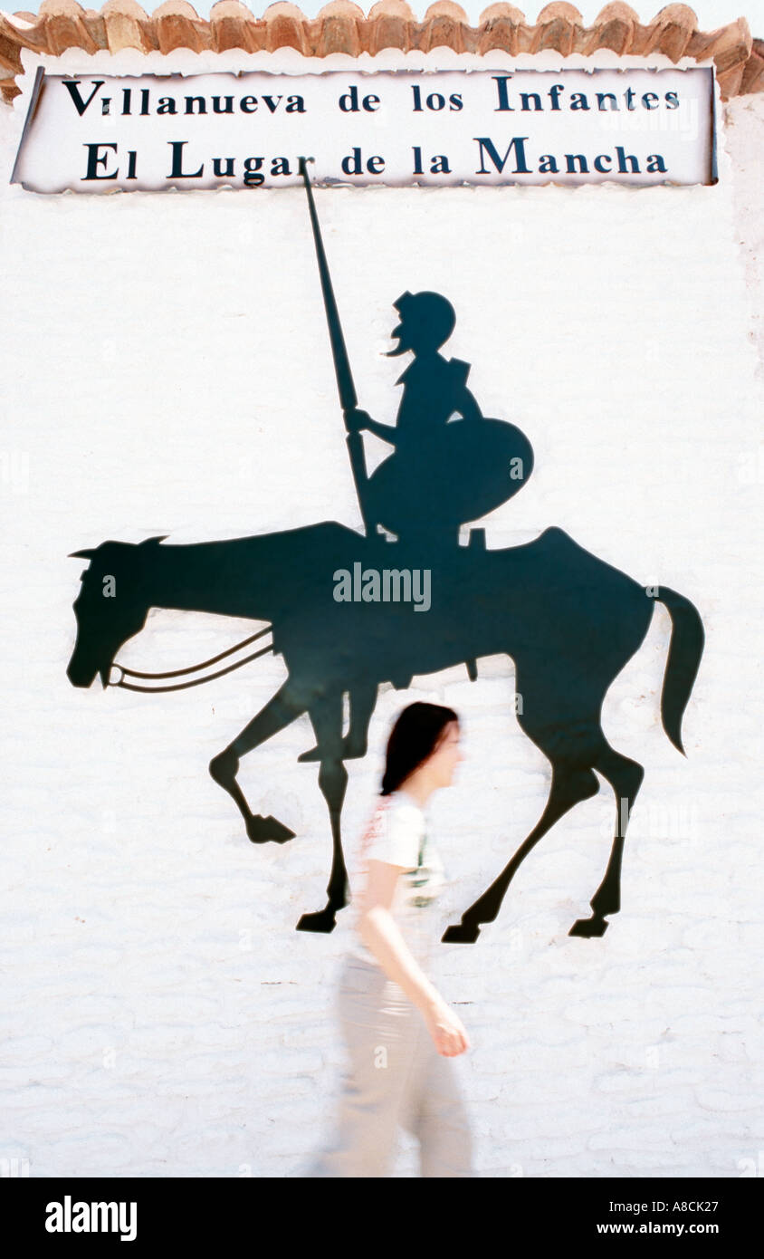 Welcome signal with Don Quixote on his horse Villanueva de los Infantes La Mancha Spain Europe Stock Photo