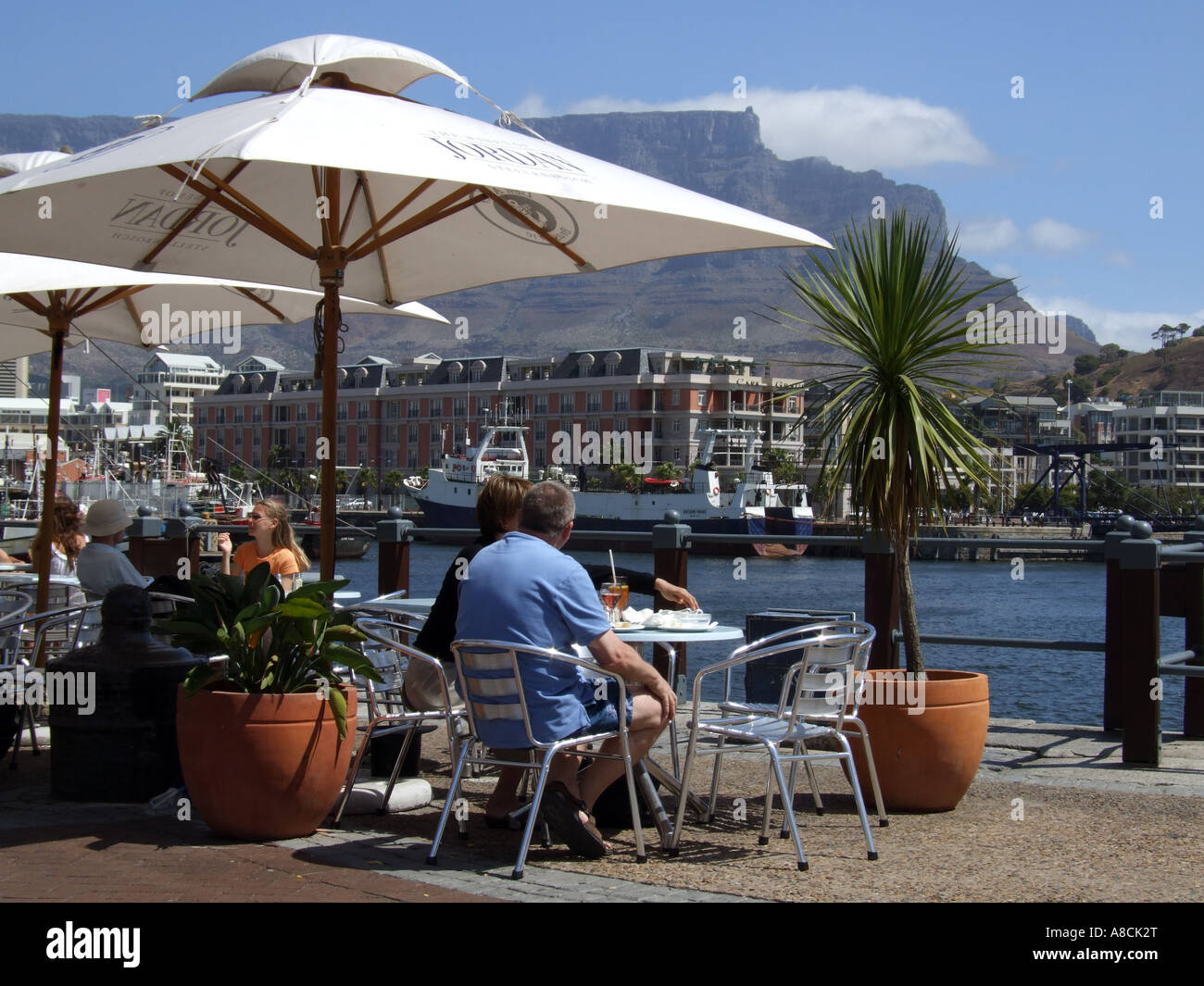 Restaurant bar cafe on the Waterfront in Cape Town South Africa. View of Table Mountain Stock Photo