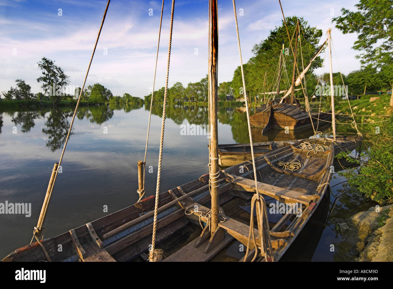 Traditional Gabarre River Craft Moored by the River Cher at Savonnieres Stock Photo