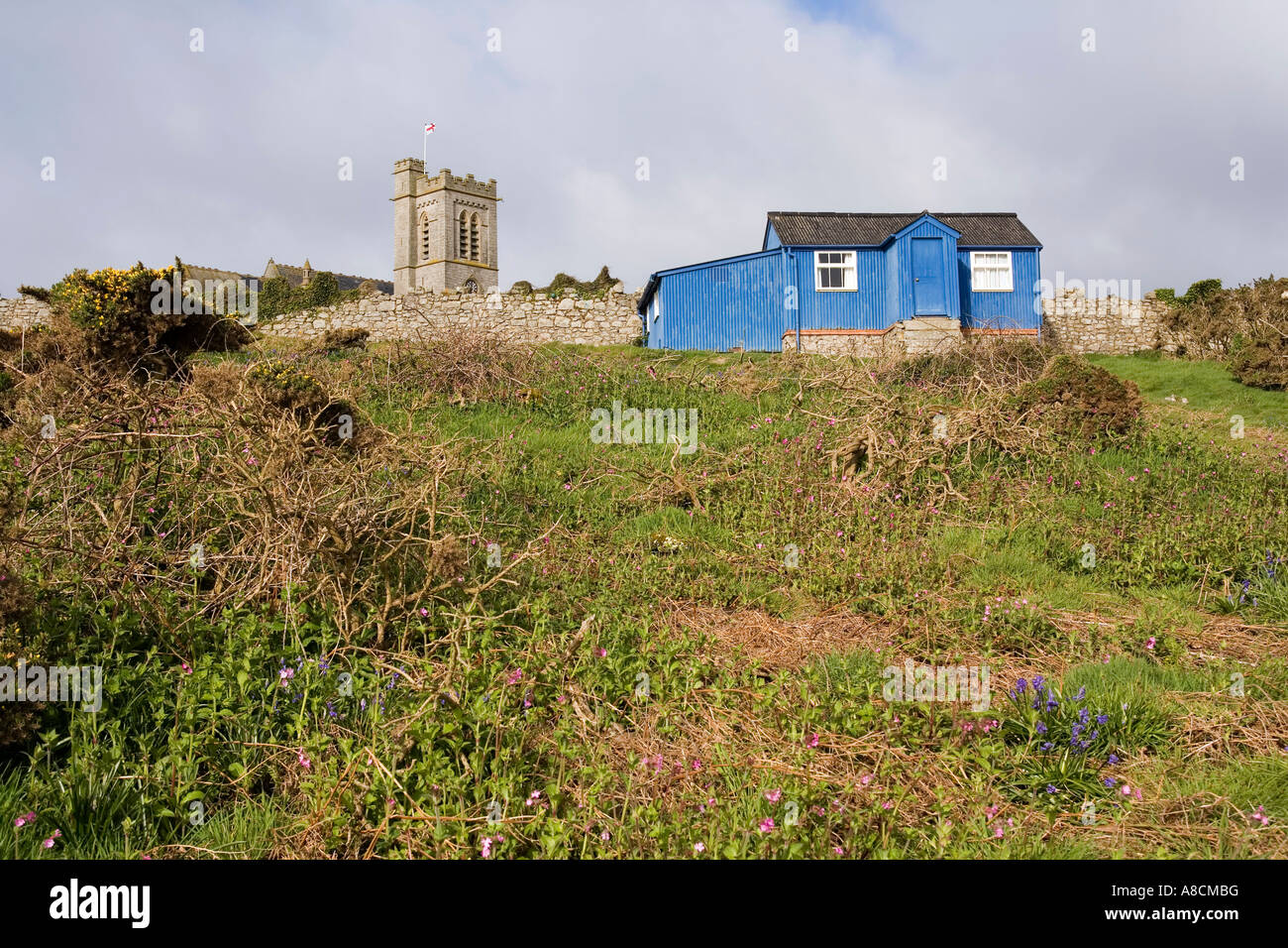 UK Lundy Island the old School and tower of St Helenas church Stock ...