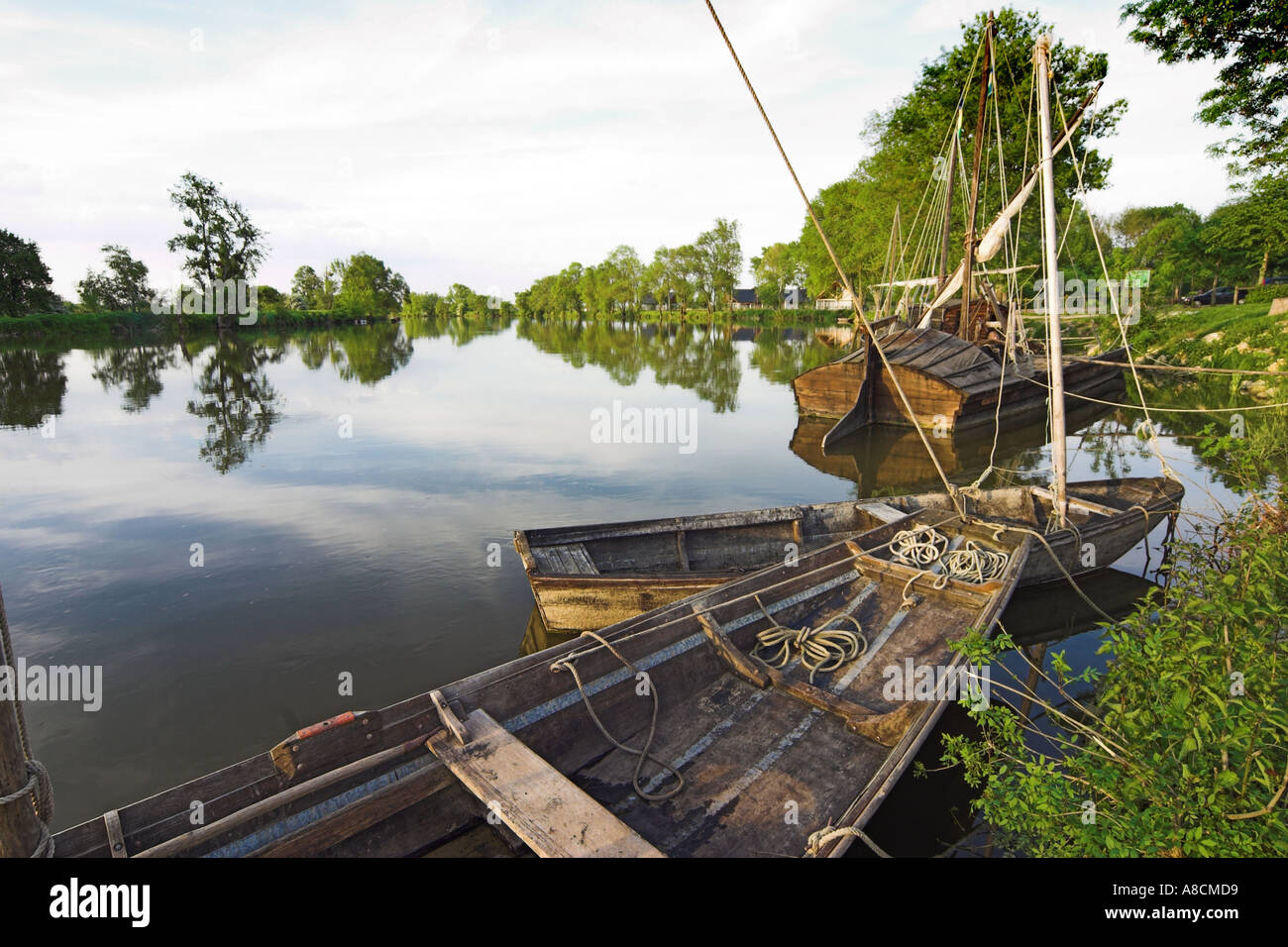Traditional River Craft Moored by the River Cher at Savonnieres Stock Photo