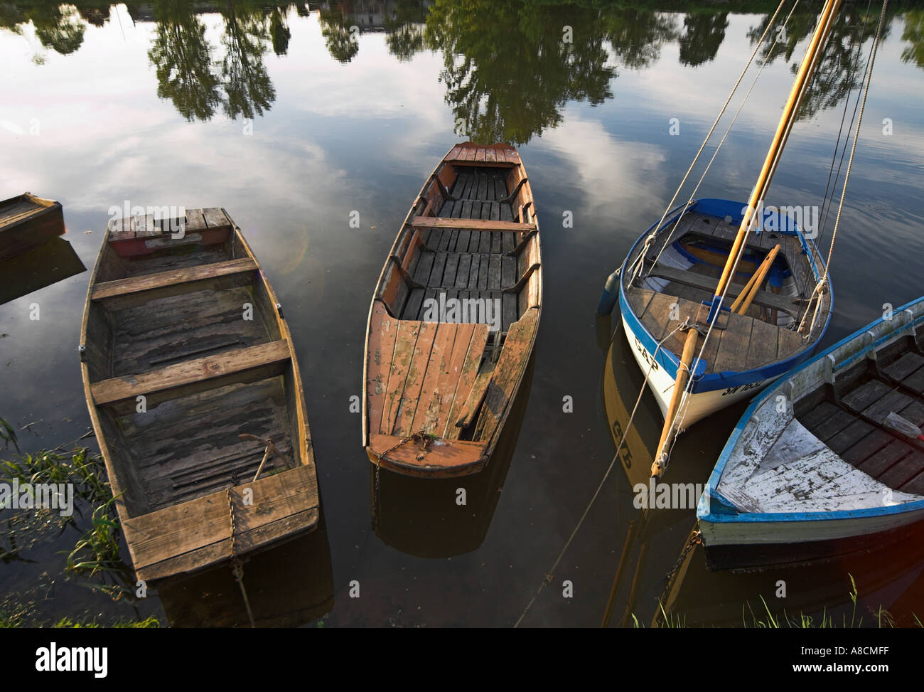 Boats Moored by the River Cher at Savonnieres Stock Photo
