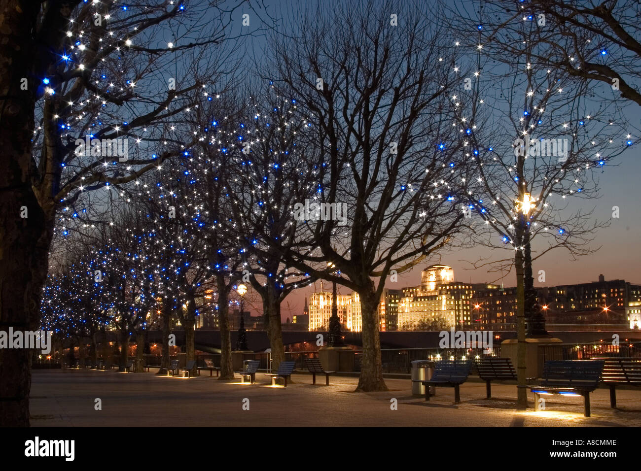 South Bank of River Thames at twilight with tree lights.  London, England Stock Photo