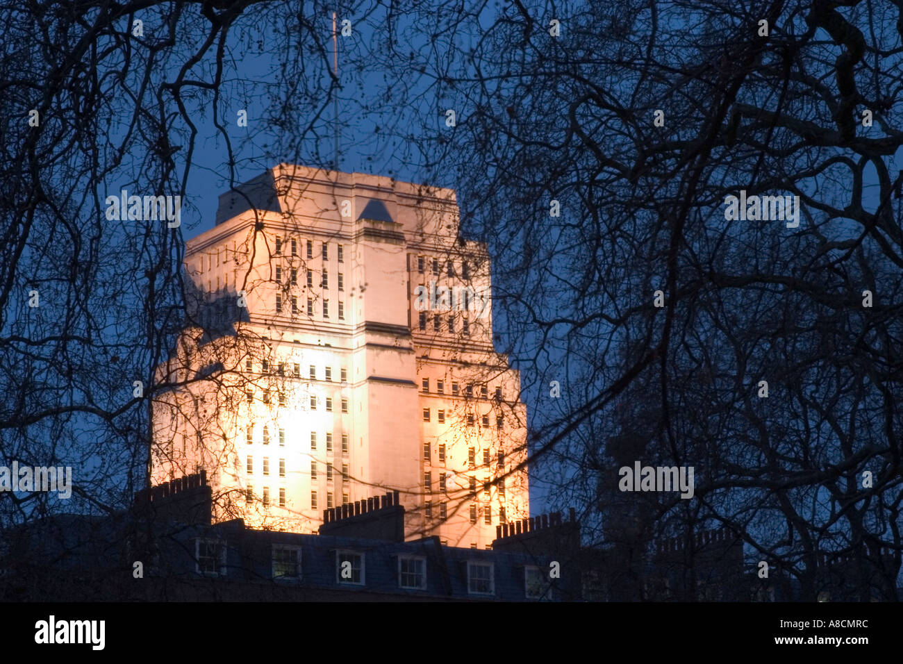 Senate House and brances at twilight. Russell Square, Bloomsbury, London, England Stock Photo