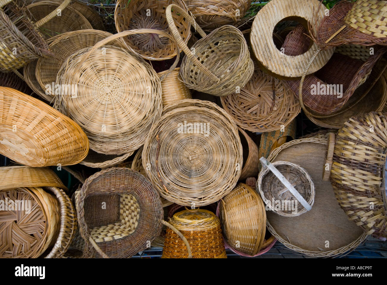 A collection of old baskets at a recycling centre Stock Photo