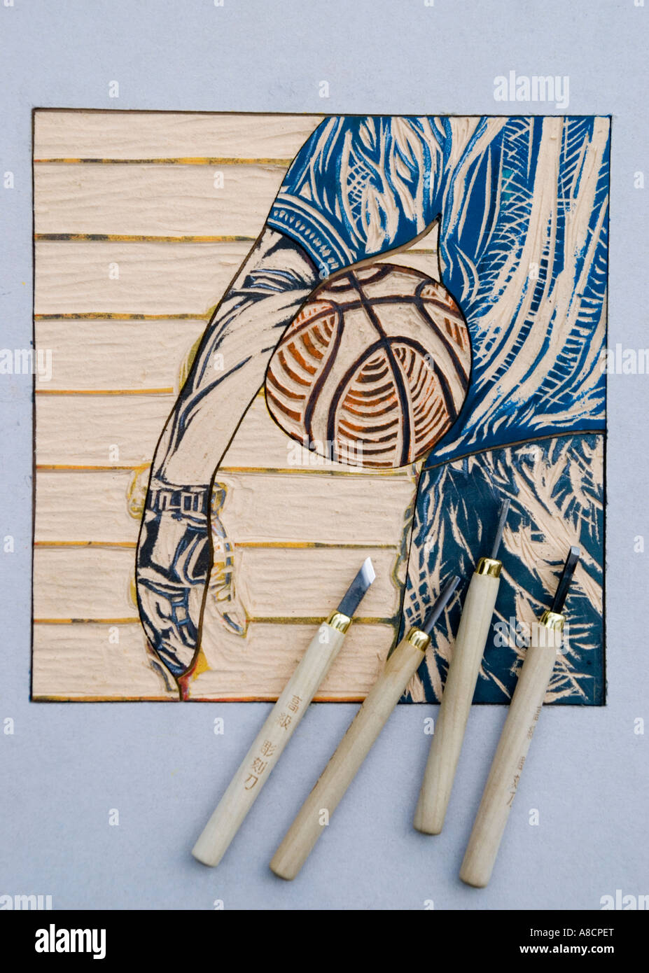 A woodcut block by artist Sulyn Lam Stock Photo