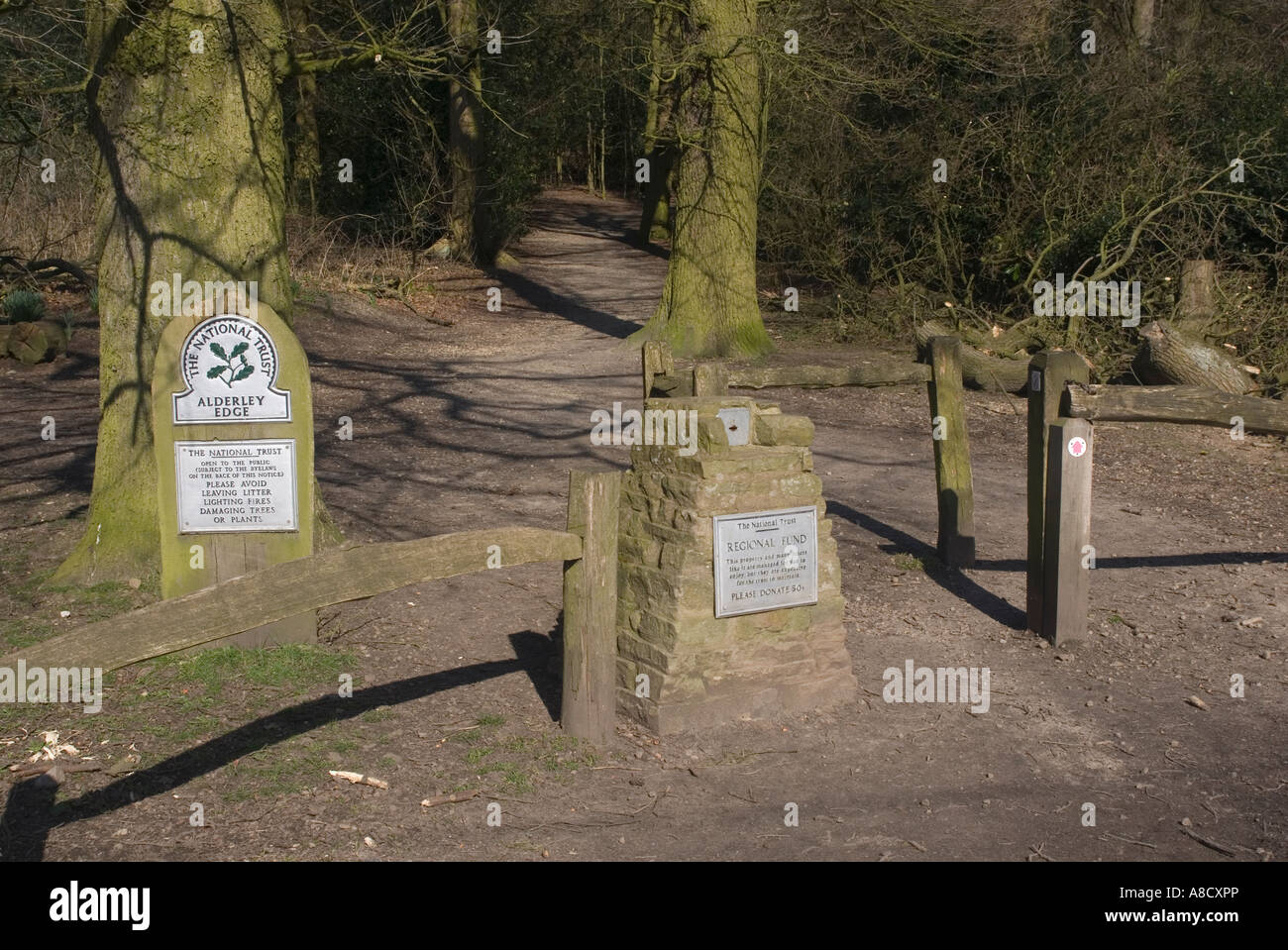National Trust signs on Alderley Edge in Cheshire a popular attraction near to Manchester Stock Photo