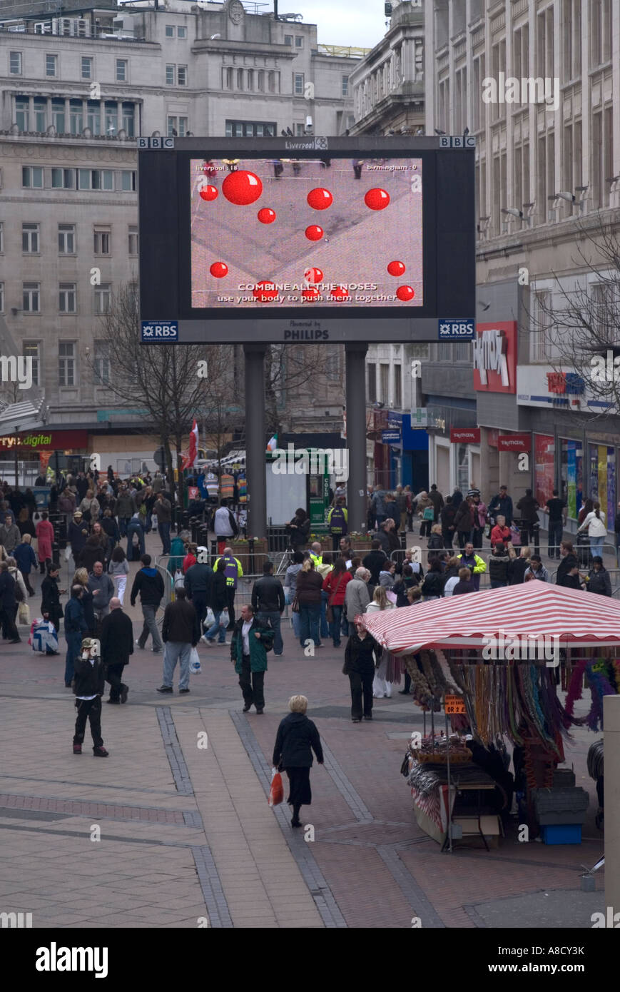 Interactive large screen video in Liverpool City Centre on Comic Relief Day Friday 16th March 2007 Stock Photo
