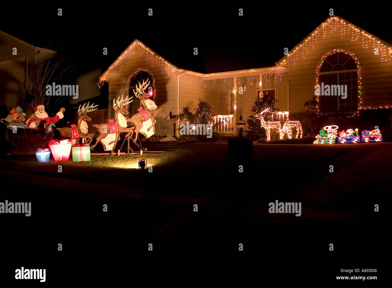 Santas Reindeer Pulling Santa In Sleigh Yard Decoration Stock