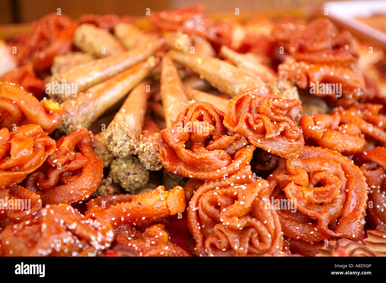 Sweet and savoury meats for sale at a continental market Stock Photo
