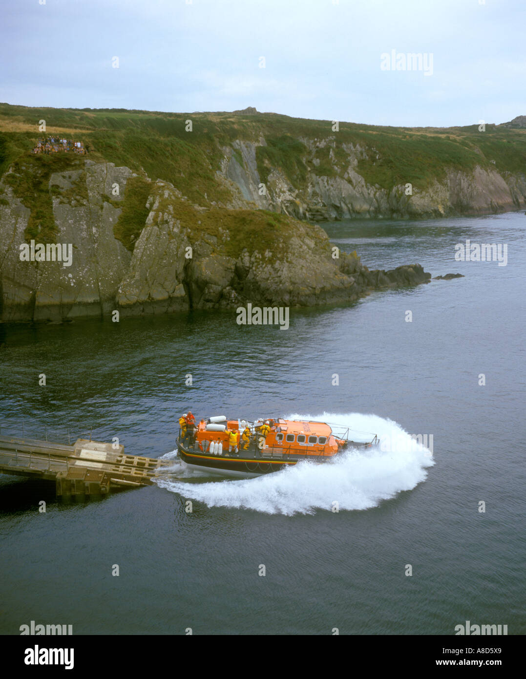 Launching the St Justinian lifeboat, St Davids, Pembrokeshire Wales Stock Photo