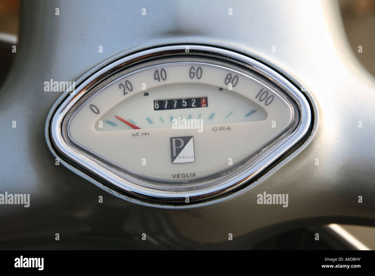 Detail of the speedometer of an old Vespa Sprint Piaggio vintage Stock Photo
