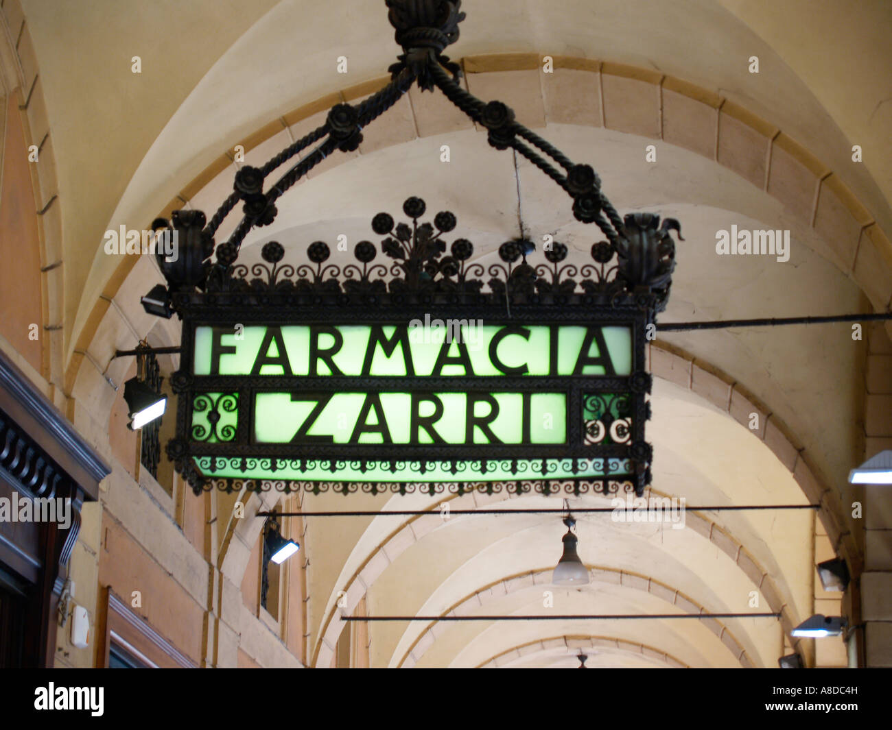 Sign of the Farmacia Zarri in the Aemilia Ars style inspired by the arts and crafts movement of William Morris. Stock Photo