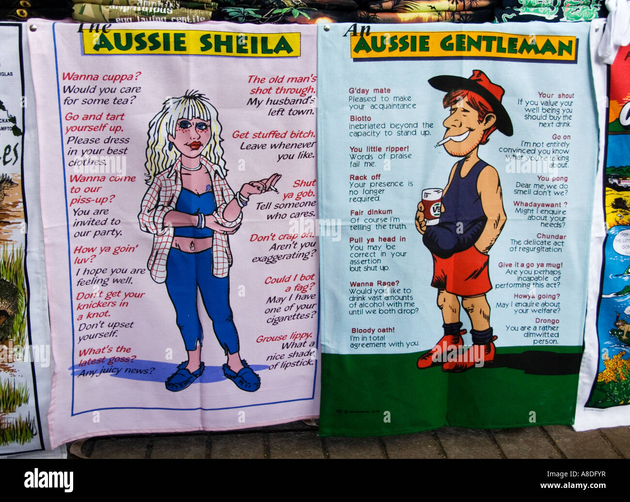 Humourous beach towels for sale at Mindil sunset market in Darwin