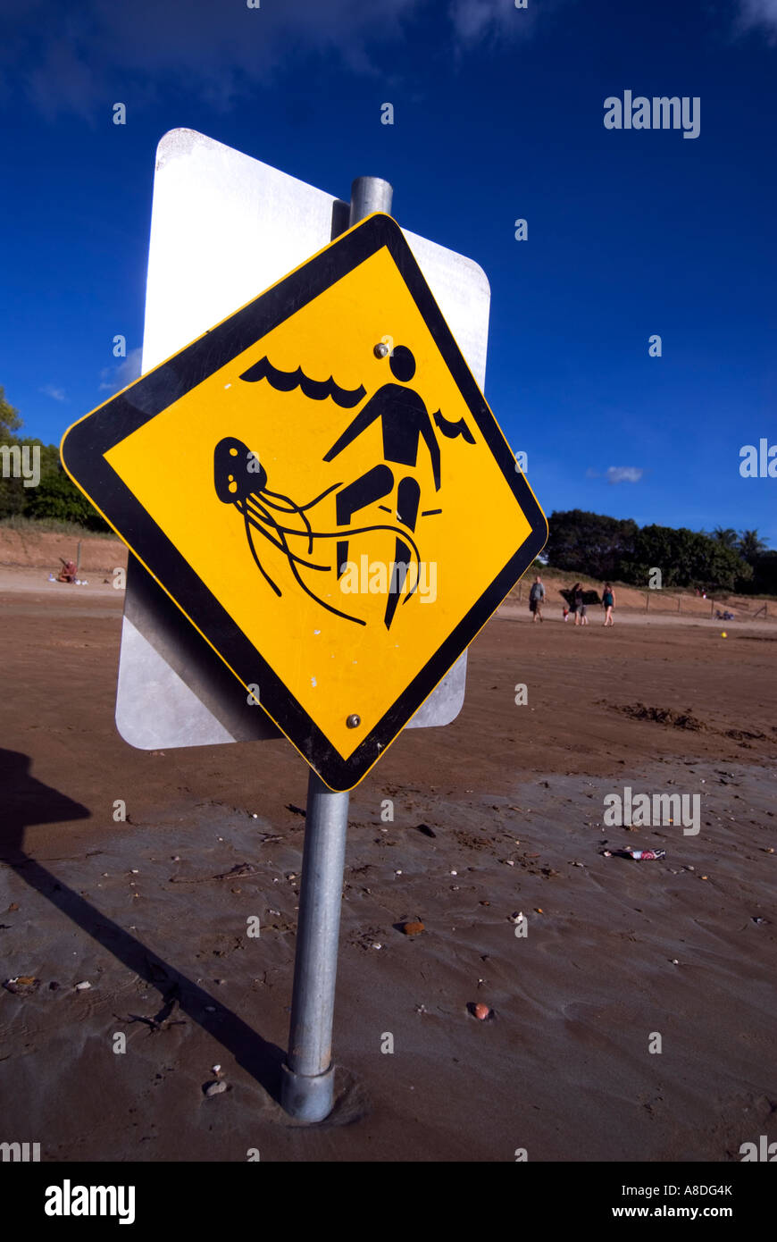 Warning sign for box jellyfish on Mindil Beach in Darwin Northern Territories Australia 2007 Stock Photo