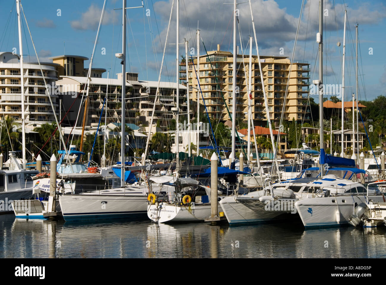 Sailing boats moored in exclusive harbour at Cullen Bay in Darwin Australia Stock Photo