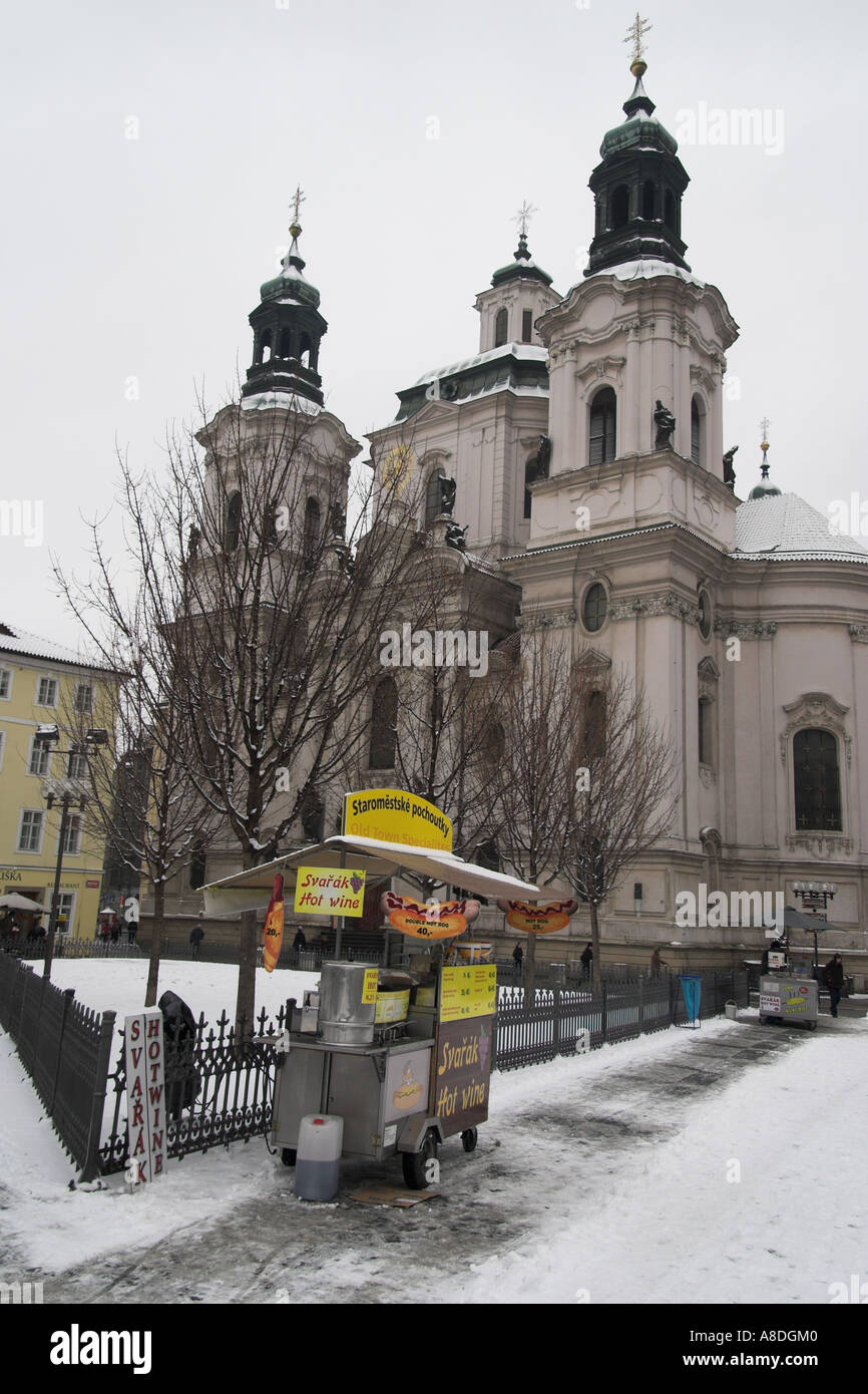 old town square prague with mulled wine stall in foreground lightly
