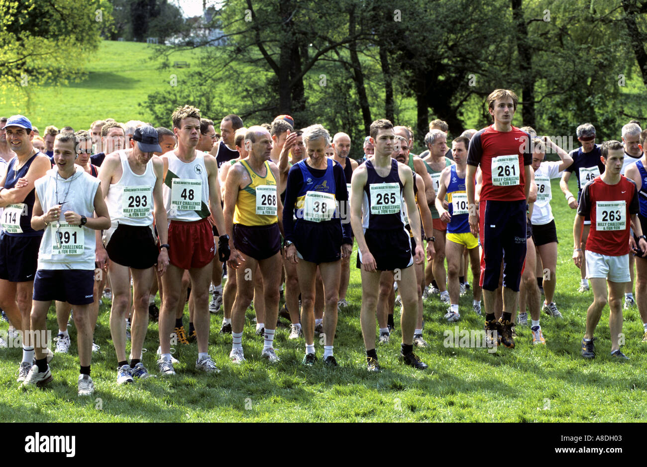 Runners waiting on start line of Hilly Challenge race at Abbey Fields, Kenilworth, Warwickshire, England, UK Stock Photo