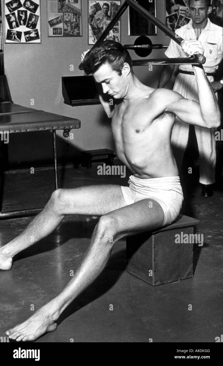 CLINT EASTWOOD US film actor works out in the gym about 1966 Stock Photo Alamy