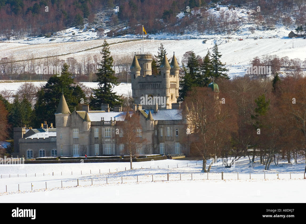 Winter at Balmoral Scottish castle and forested ground; Royal holiday