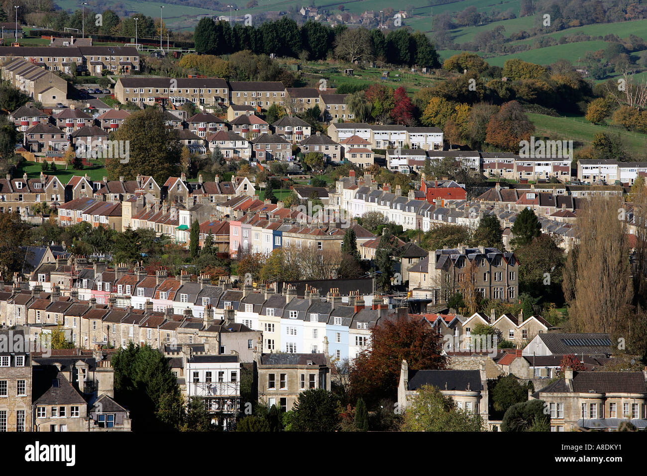 Baht city North East ancient old Roman spa urban houses rooftops roofs historical elevated view