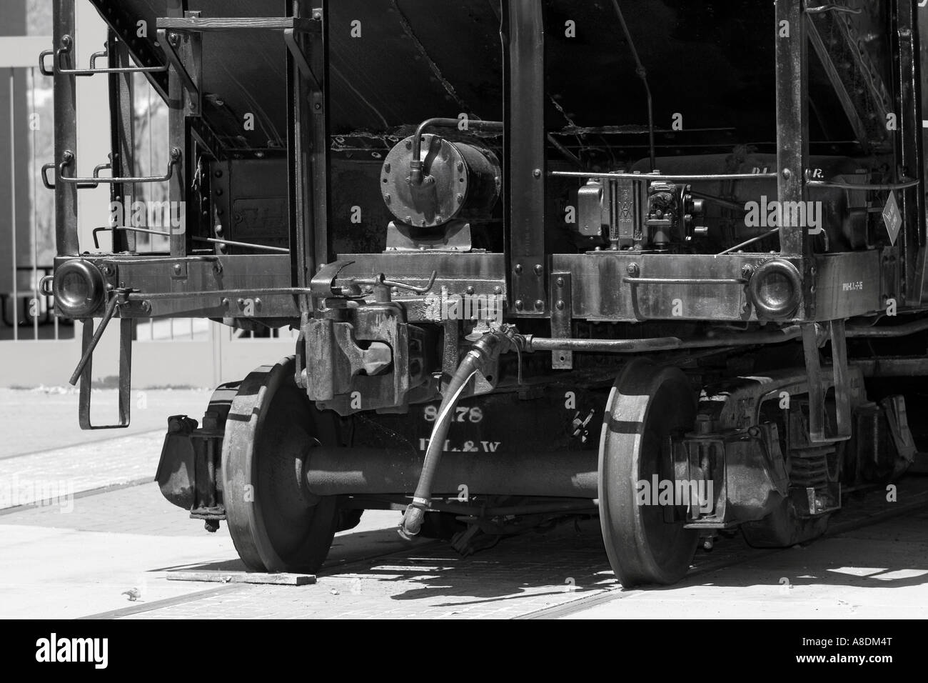 Running gear of a railroad coal car. Stock Photo