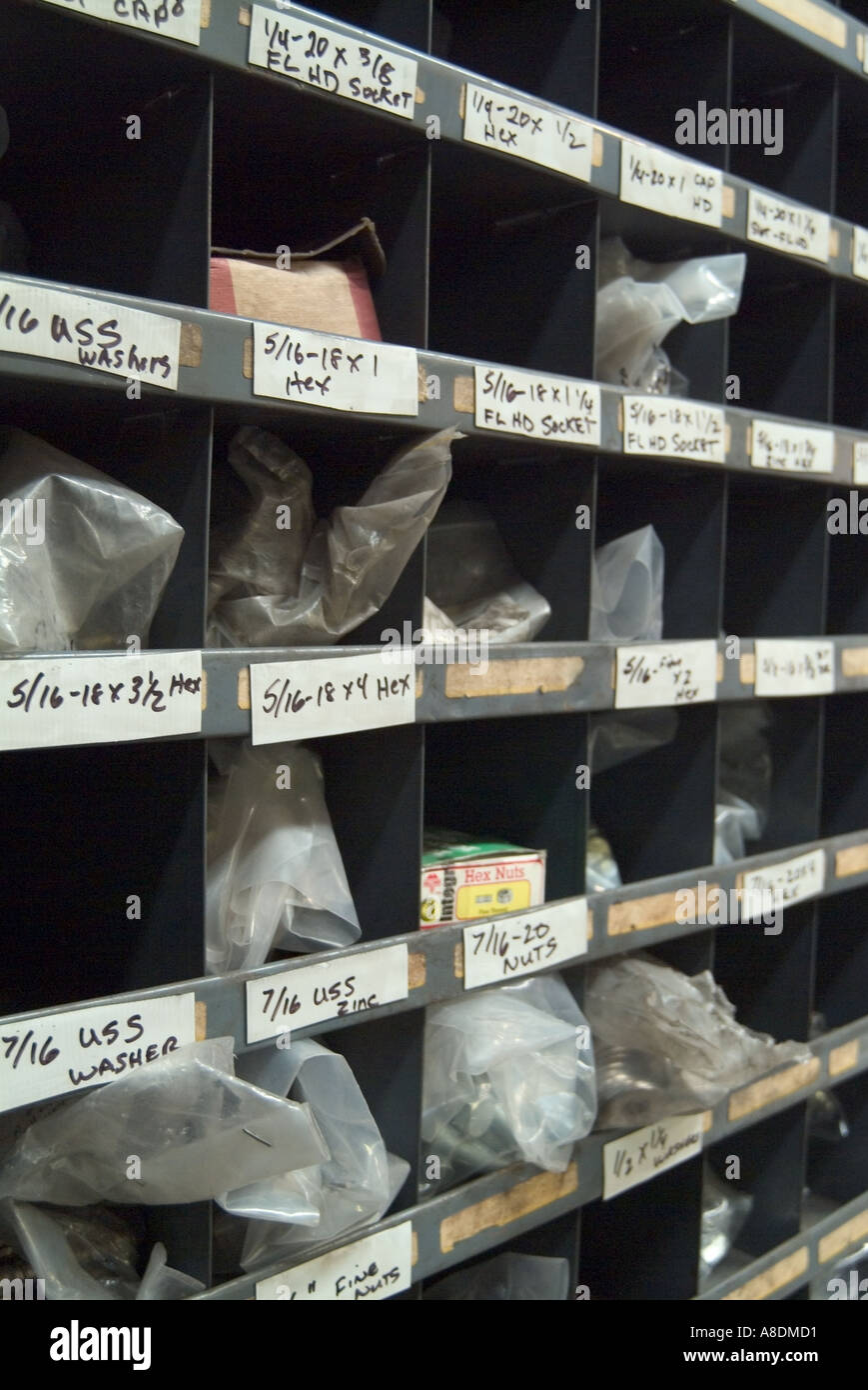 hardware bins of various sized fasteners Stock Photo Alamy