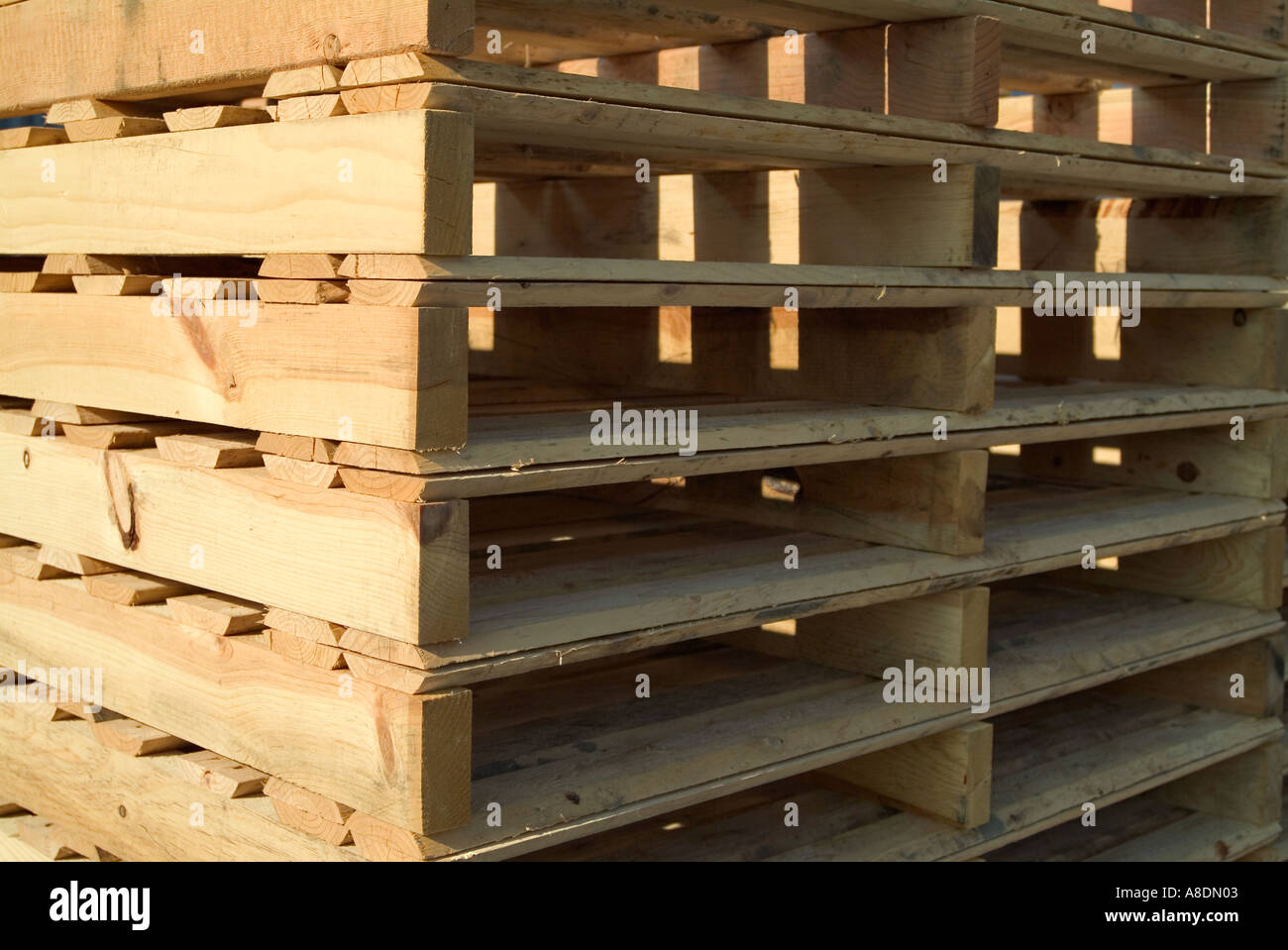 a stack of wooden shipping pallets Stock Photo