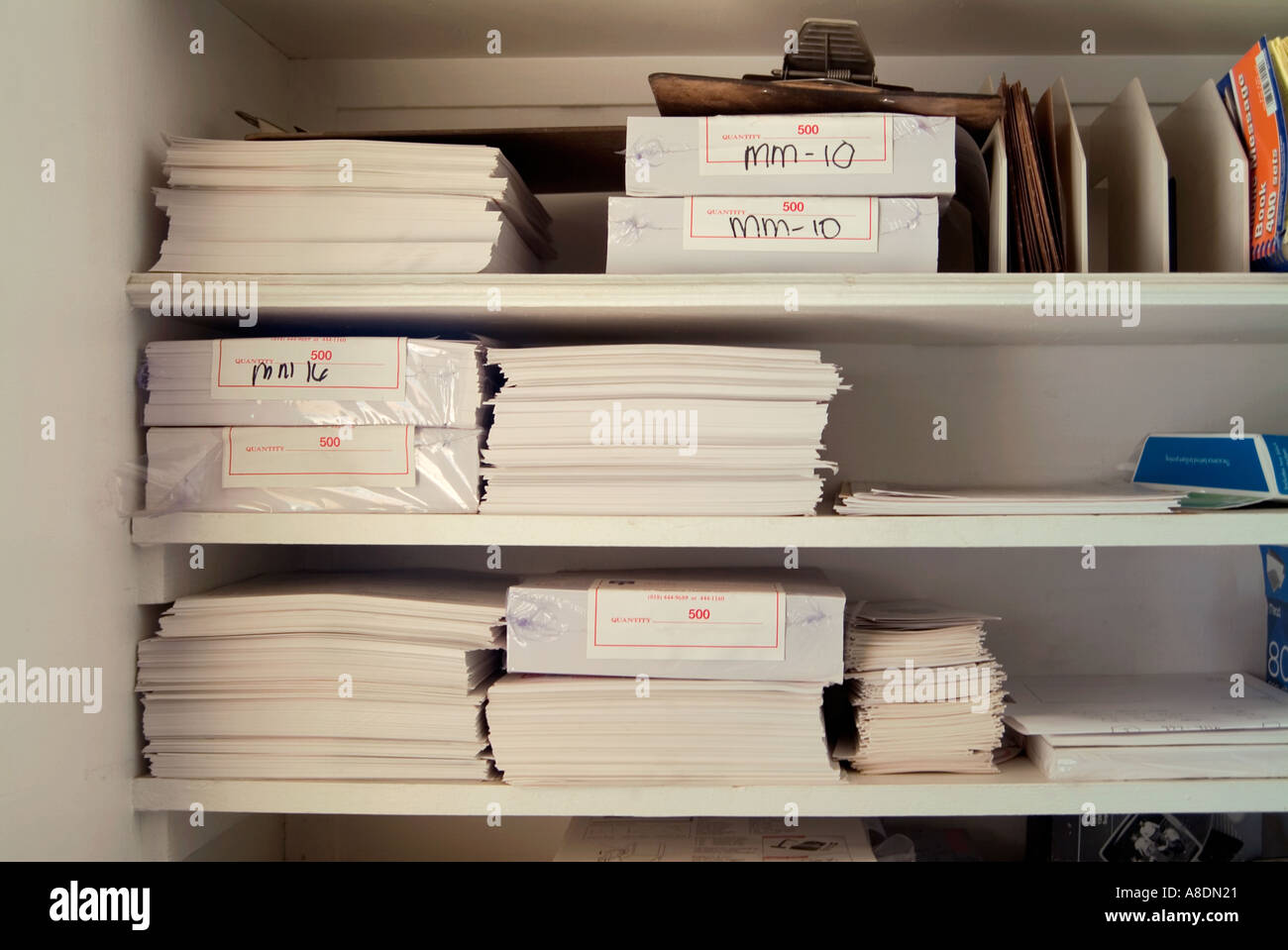 office supplies on shelves Stock Photo