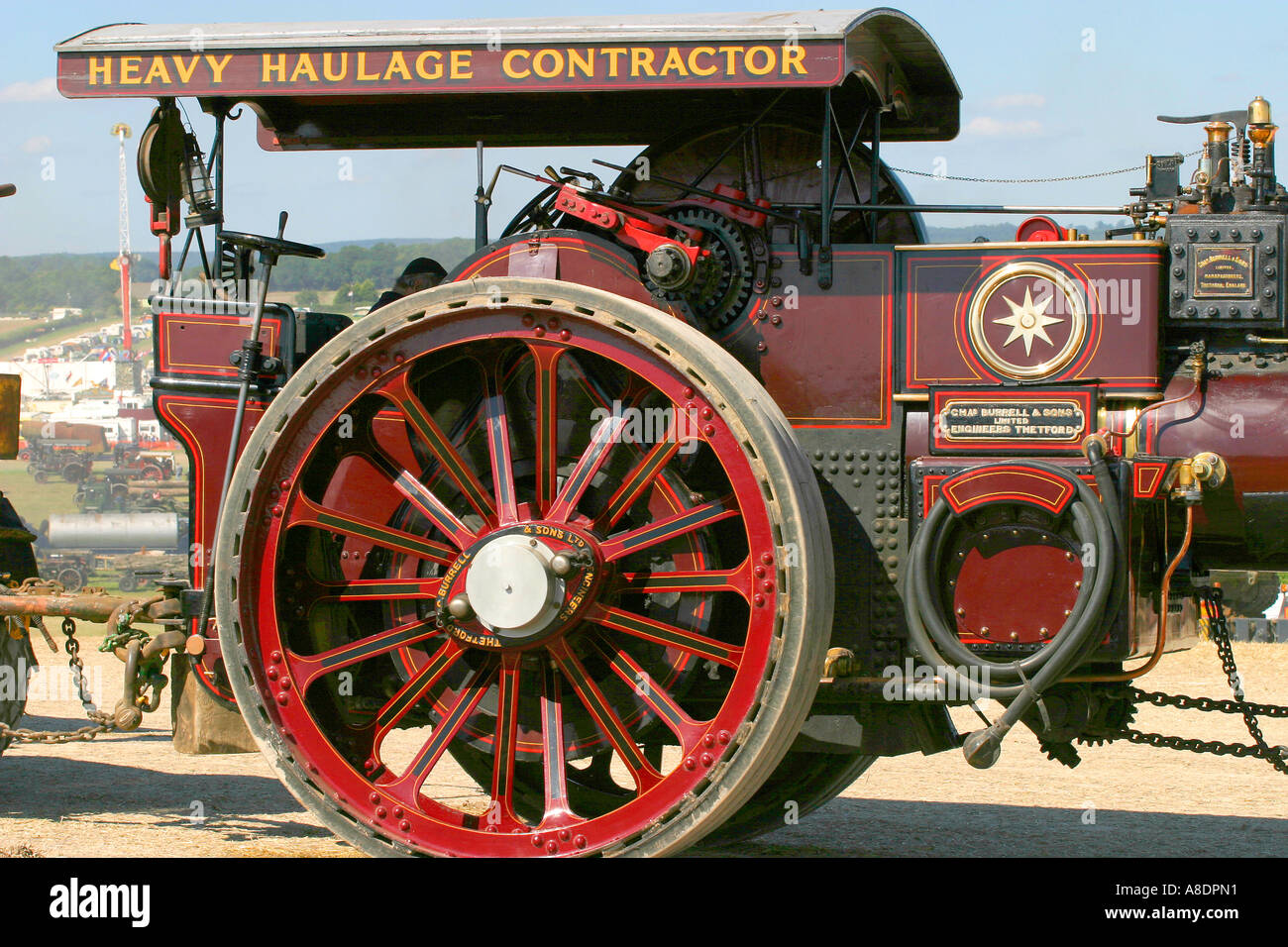 Traction engine cabin and rear wheel built by Burrell & Sons, Thetford, England, UK Stock Photo