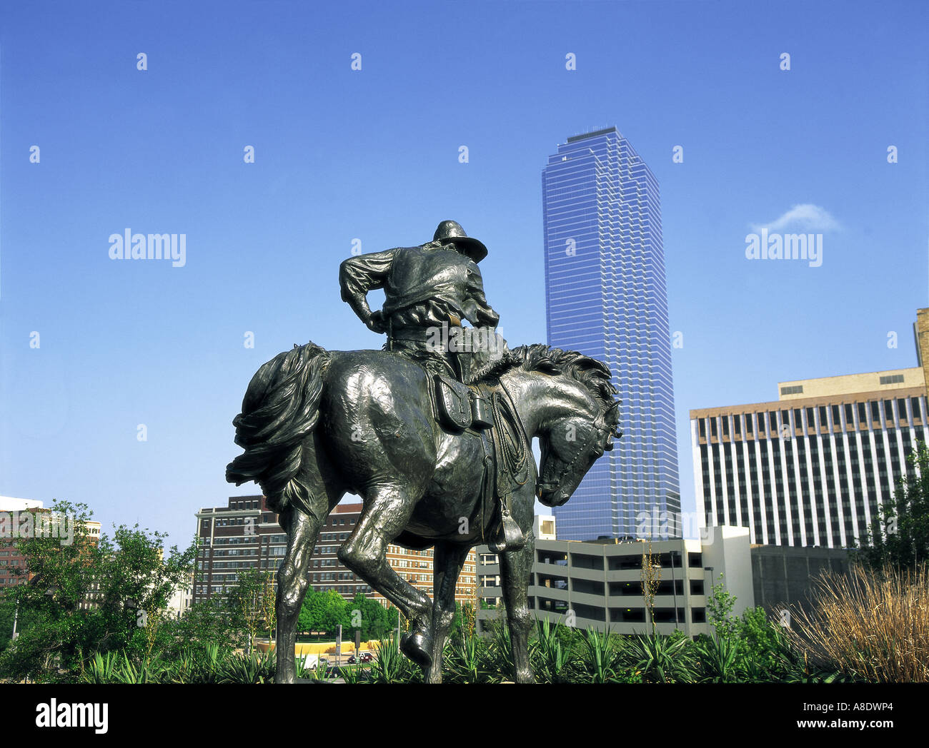 Cowboy statue and skyscraper, Pioneer Plaza, Dallas, Texas, USA Stock