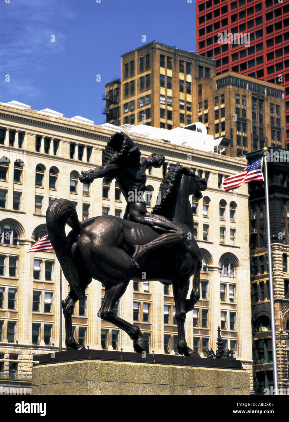 Indian Spearman on horse statue, Michigan Avenue, Chicago, Illinois USA
