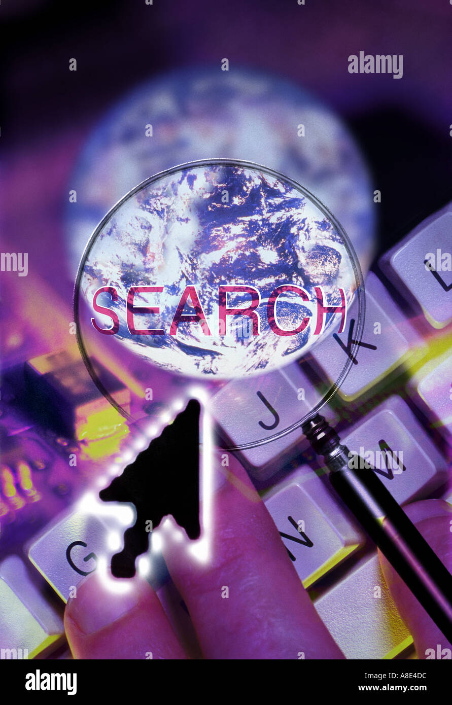 computer cursor and keyboard with magnifying glass and Earth Stock
