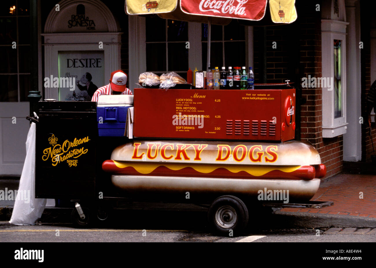 Lucky Dogs Hot Dog Stand and CocaCola Street Vendor in New Orleans USA